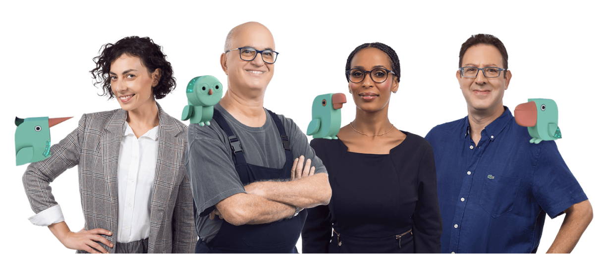 Four professionals with cartoon birds on shoulders, symbolizing SysAid's ITSM teamwork and collaboration. - SysAid