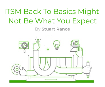 Illustration of a person inside a laptop surrounded by icons; headline: "ITSM Back to Basics" by Stuart Rance at SysAid. - SysAid