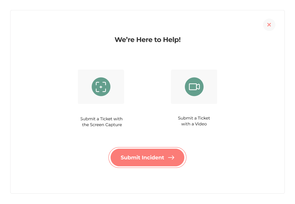 Support page displaying options to submit an ITSM ticket, featuring a central "Submit Incident" button, with screen capture/video. - SysAid