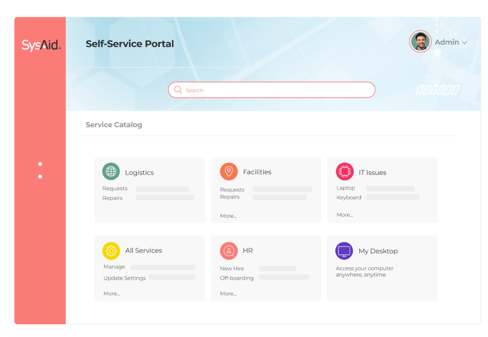 Self-service portal interface with categories for ITSM, logistics, facilities, IT issues, HR, and more; search bar and user profile visible. - SysAid