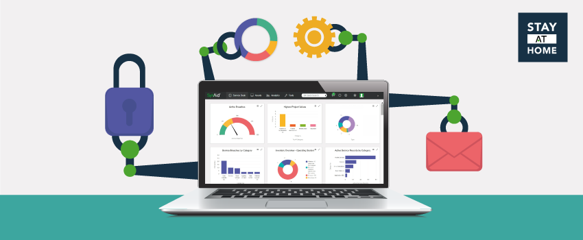 Laptop displaying ITSM data charts, symbols of security and communication, emphasizing remote work efficiency with SysAid. - SysAid