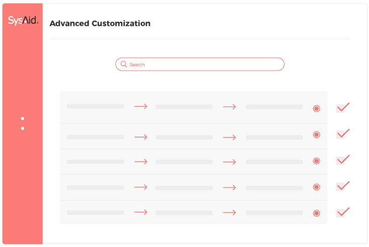 Screenshot of SysAid ITSM interface displaying a list with checkboxes, arrow icons, and a search bar. Red stripe in sidebar. - SysAid
