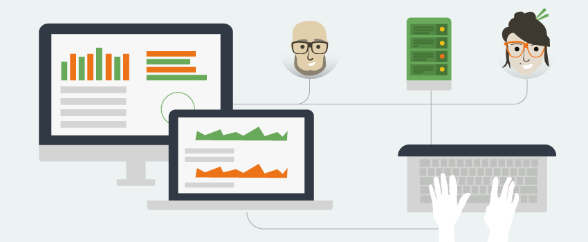 Illustration of a desktop and laptop with graphs, avatars, and server; ideal for showcasing SysAid's ITSM capabilities. - SysAid