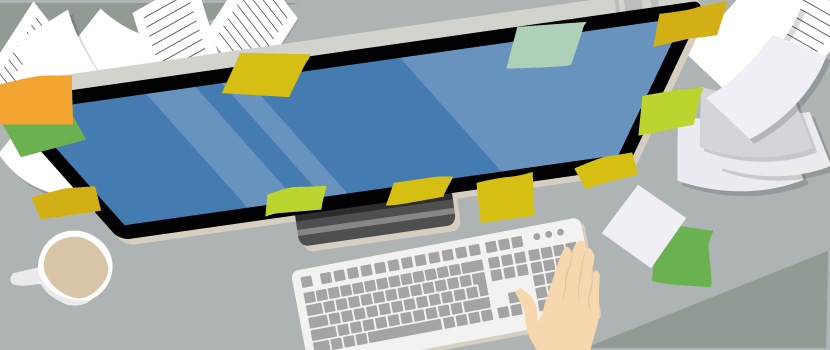 Illustration of a desk with ITSM tool open on screen, demonstrating SysAid Service Desk management amidst papers and coffee. - SysAid