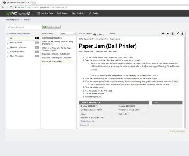 Screenshot of SysAid ITSM interface displaying a troubleshooting guide for Dell printer paper jam, including steps and precautions. - SysAid