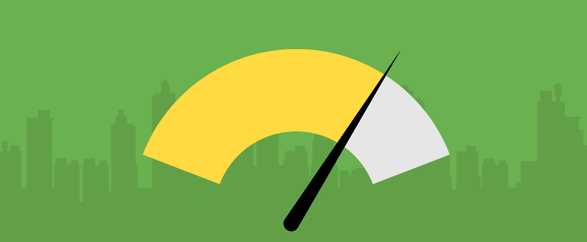 A gauge needle on a green city skyline highlights enhanced ITSM reporting, reflecting SysAid's efficient service management. - SysAid