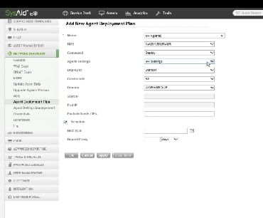 Screenshot of SysAid ITSM interface displaying "Add New Agent Deployment Plan," with settings for modules and server configuration. - SysAid