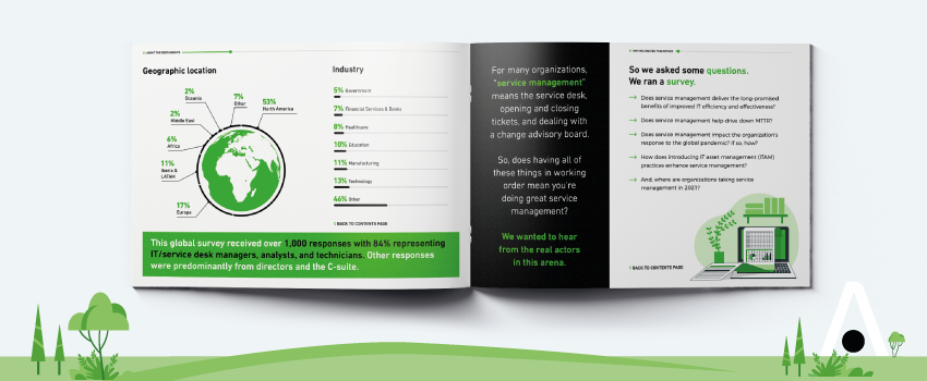 Open booklet with survey results on ITSM, showing geographic data and service management insights. Green and black theme. - SysAid