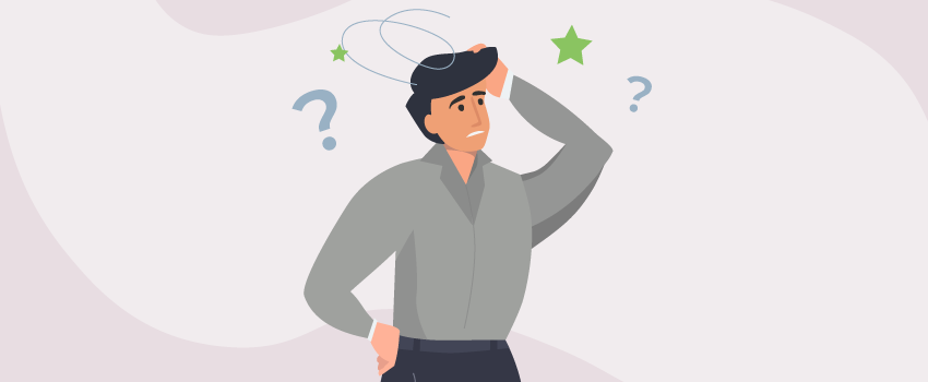 Illustration of a person pondering ITSM complexities with question marks, reflecting SysAid's solutions for streamlined Service Desk operations. - SysAid