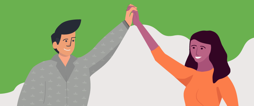 Illustration of a man and woman celebrating ITAM success, embodying the collaborative spirit of SysAid's ITSM solutions. - SysAid