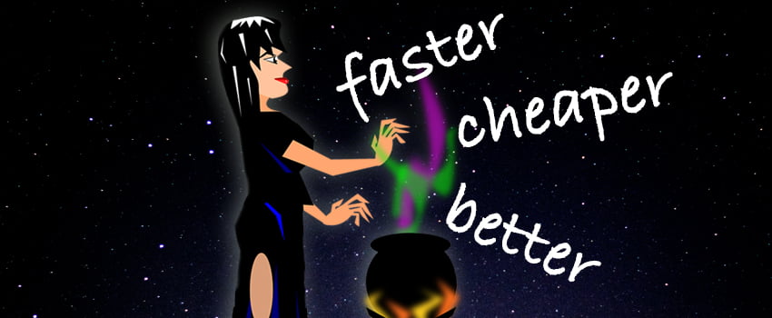Illustration of a woman casting a spell over a cauldron, symbolizing the magic of ITSM for faster, cheaper, better service. - SysAid