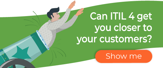 Illustration of a person shot from a cannon, reaching forward. Explore ITIL V4 through SysAid’s efficient ITSM solutions today. - SysAid