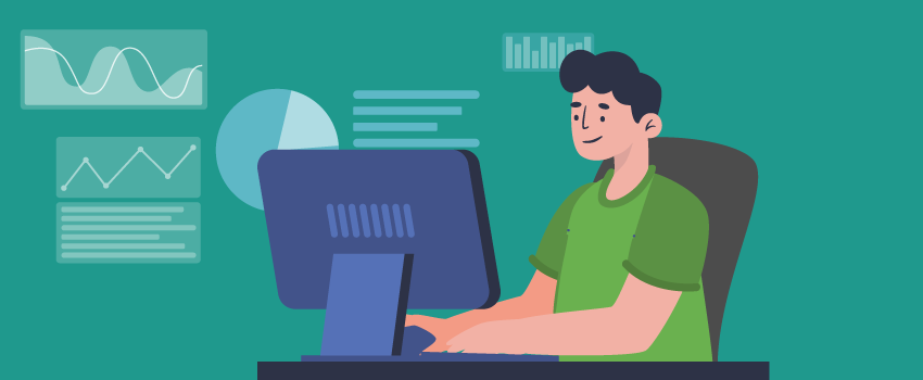 Person at computer desk using monitoring tools, surrounded by charts, representing SysAid ITSM's efficient Service Desk solutions. - SysAid