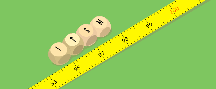 Four dice spell "ITSM" on a tape measure, symbolizing precise ITSM metrics. Perfect for SysAid’s performance insights. - SysAid