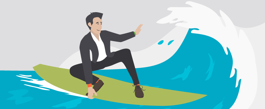 Businessman in a suit surfing blue waves on a green board, symbolizing seamless ITSM navigation and digital optimization with SysAid. - SysAid
