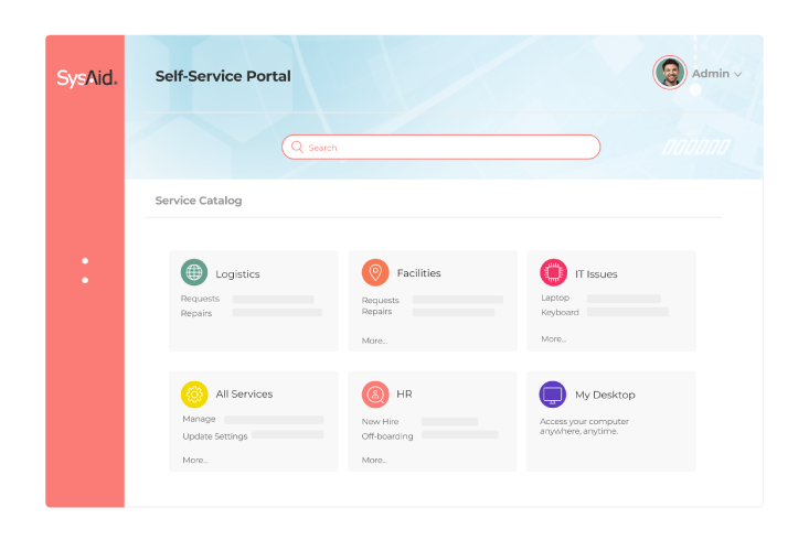 Self-service portal interface shows Logistics, Facilities, ITSM options, plus a search bar and user profile icon for streamlined access. - SysAid