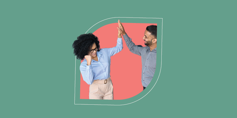 Two professionals high-fiving, symbolizing continual improvement in ITSM, framed within a leaf cutout on a pink background. - SysAid