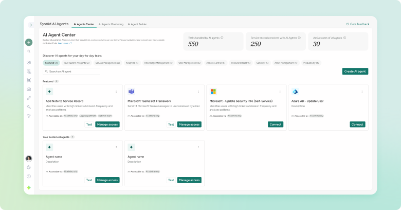 Library of 100+ prebuilt SysAid AI agents organized by use case in the AI Agent Center

