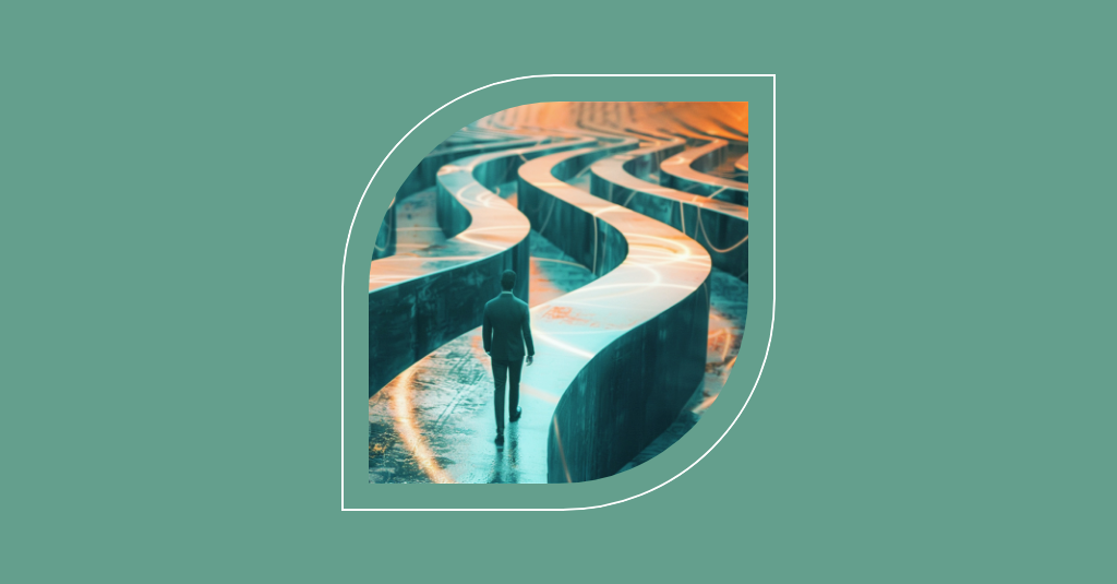 In the GenAI Era, a person walks a wavy path of ITSM innovations, reflected in technology's orange and teal brilliance. - SysAid