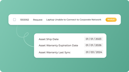 SysAid ITSM ticket showing a laptop’s connectivity issue, asset details, and warranty information for efficient resolution. - SysAid