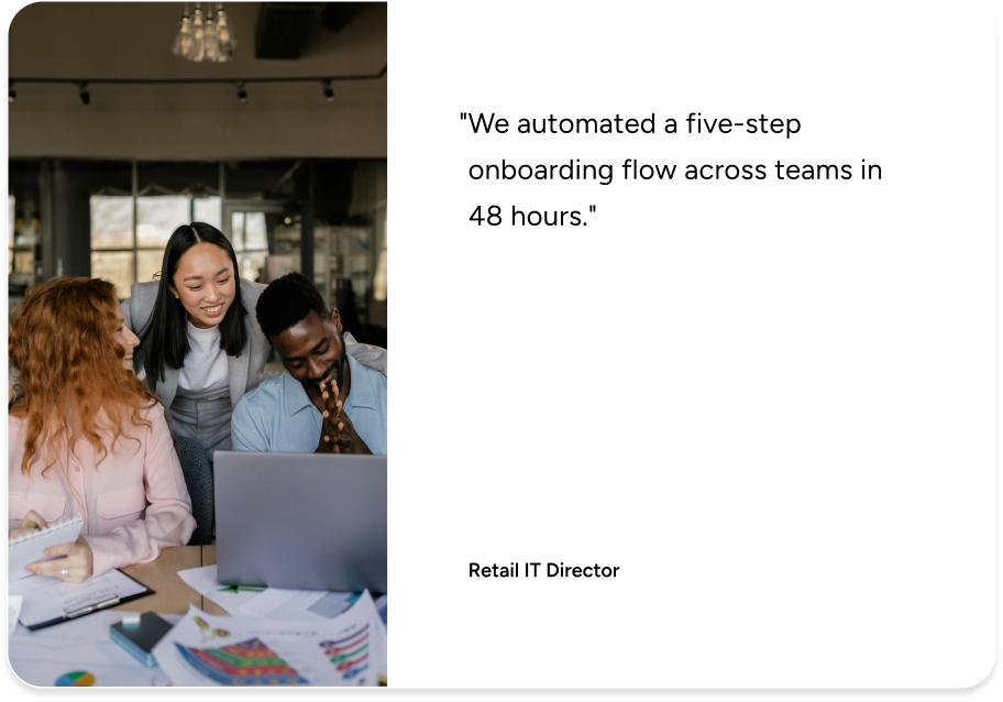 Three coworkers discuss ITSM strategies at a desk, highlighting SysAid’s fast onboarding automation for retail IT teams. - SysAid