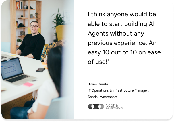Three colleagues with laptops discuss ITSM solutions, featuring a SysAid testimonial on building AI agents by Bryan Guinta. - SysAid