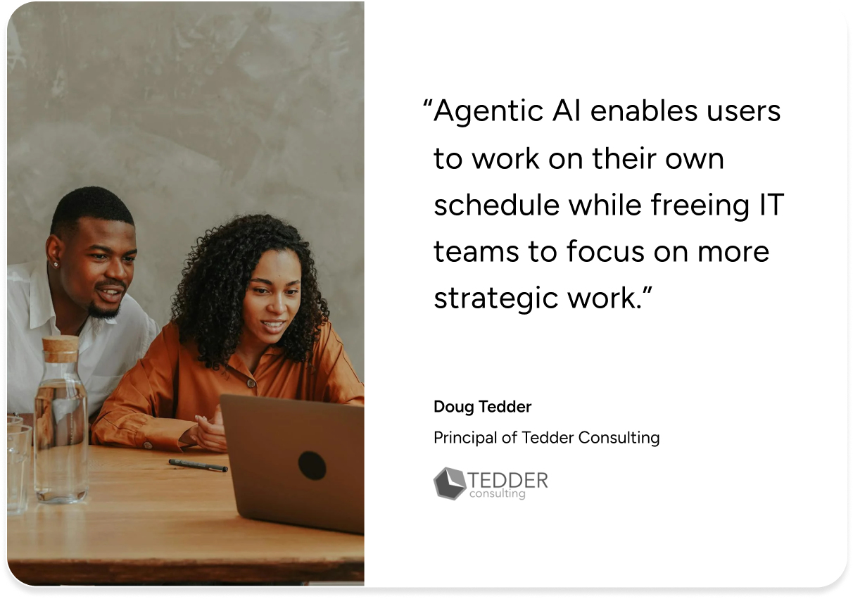 Two people review a laptop as SysAid ITSM enables smarter scheduling and empowers IT teams, with a quote from Doug Tedder. - SysAid