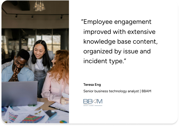 Three colleagues review ITSM data on a laptop, highlighting improved employee engagement with SysAid Service Desk solutions. - SysAid