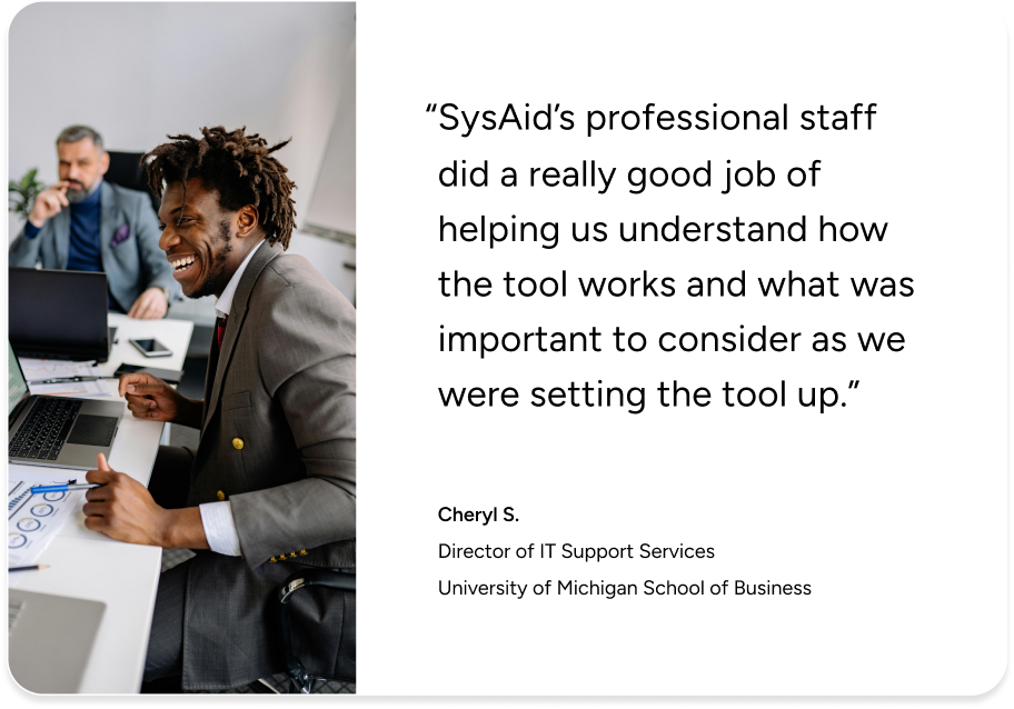 Two professionals at a desk using SysAid ITSM platform; testimonial highlights SysAid’s expert Service Desk support. - SysAid