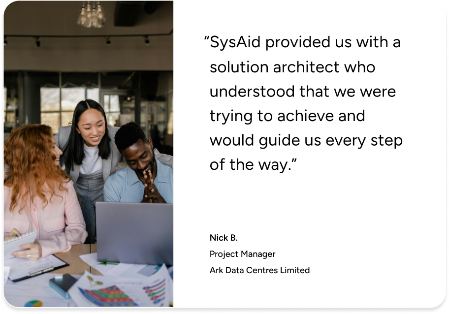 Three professionals discuss ITSM solutions with SysAid, highlighting a testimonial about expert service from a solution architect. - SysAid