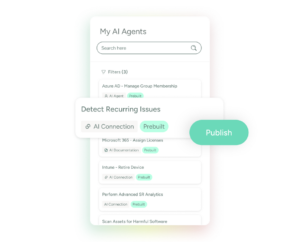 Smartphone showing SysAid ITSM AI agent interface with a search bar and option to publish a “Detect Recurring Issues” agent. - SysAid