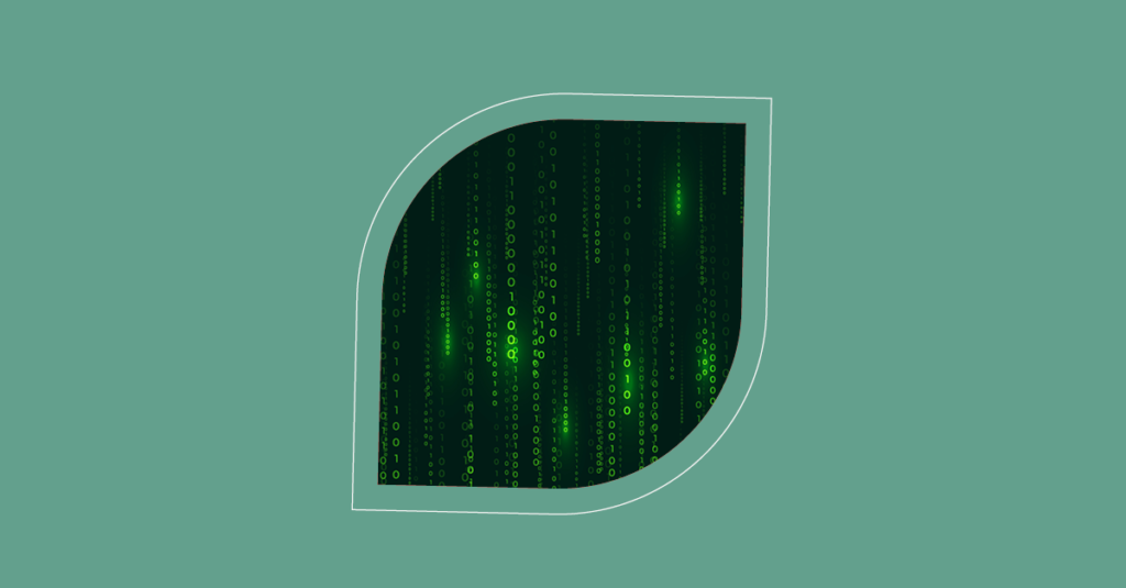 A leaf-shaped graphic on a dark background with green binary code, symbolizing SysAid's ITSM solutions for complex tech challenges. - SysAid
