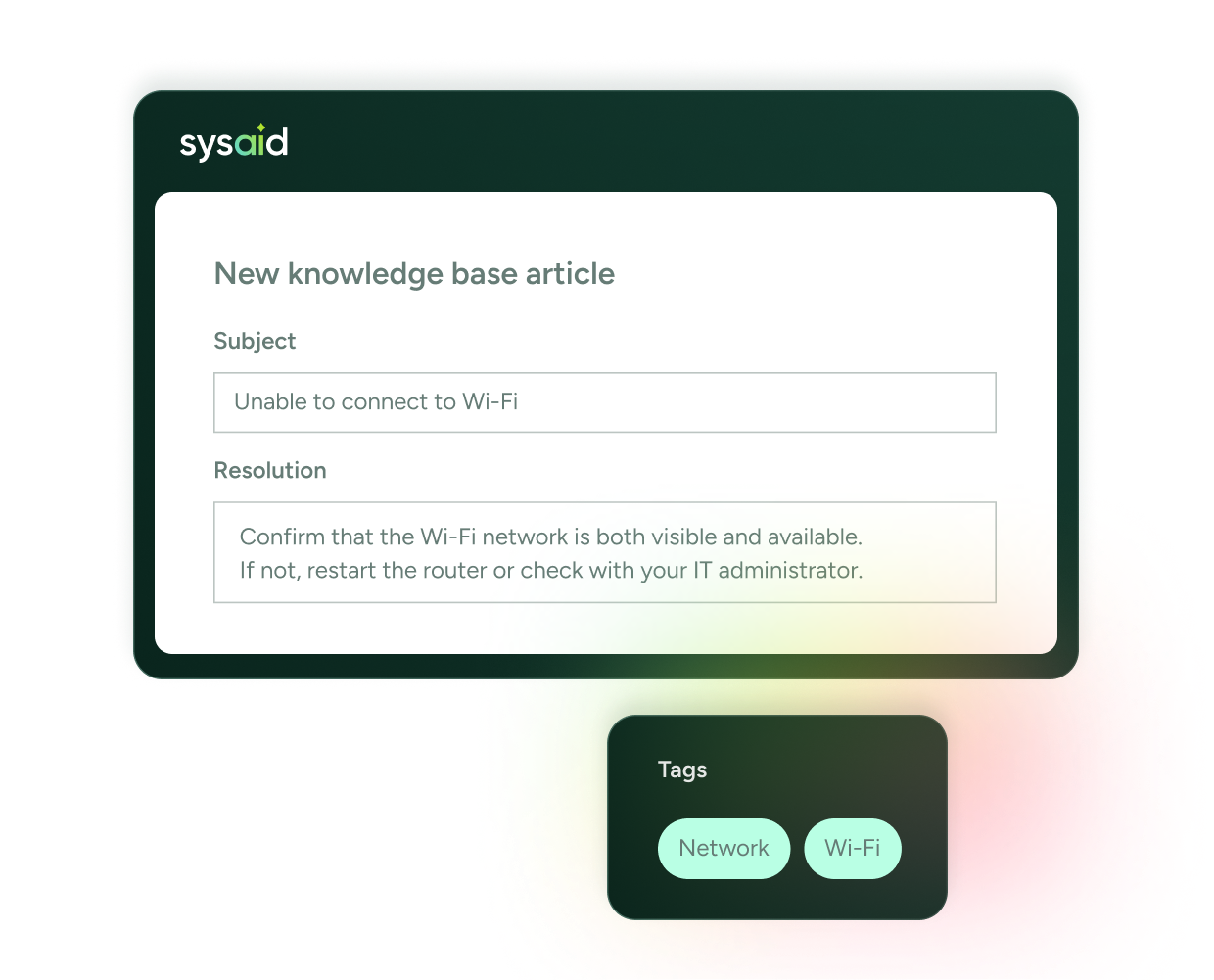 SysAid ITSM interface displaying a new knowledge base article form on Wi-Fi connection issues, with fields and relevant tags. - SysAid