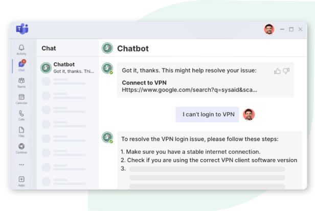 Screenshot of an AI chatbot interface providing vpn login troubleshooting steps, including checking internet connection and software version.