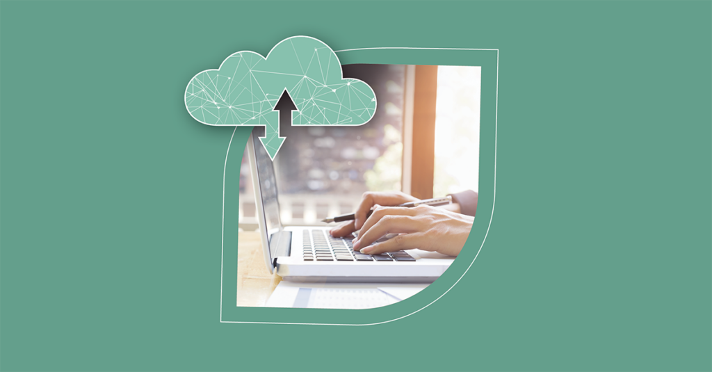 Hands typing on a laptop with cloud graphics, showcasing SysAid's ITSM capabilities for seamless data flow in IoT environments. - SysAid