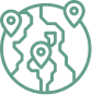 Icon depicting a stylized globe with abstract human figures and location markers interconnected by lines, in a monochrome teal color.
