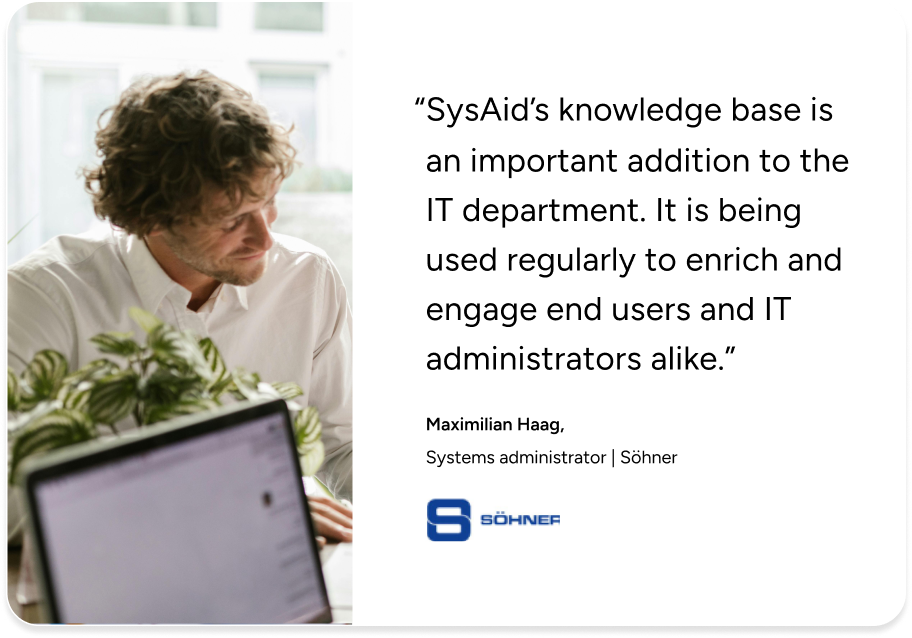 A systems administrator reviews SysAid’s knowledge base on a laptop, highlighting ITSM benefits with a client testimonial. - SysAid