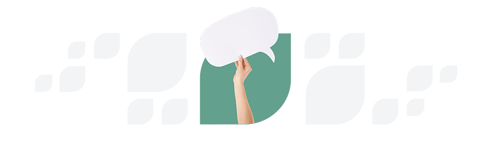 Graphic of a hand holding a blank speech bubble against a striped background, suggesting AI Service Desk communication or dialogue.