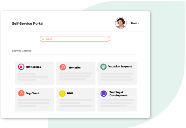 Graphic of a self-service portal interface displaying search bar and options like hr policies, benefits, vacation request, org chart, hris, and training & development.
