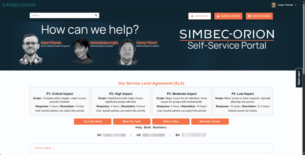 Screenshot of SysAid's Self-Service Portal showing ITSM tools, SLAs, team profiles, and request tracking options. - SysAid