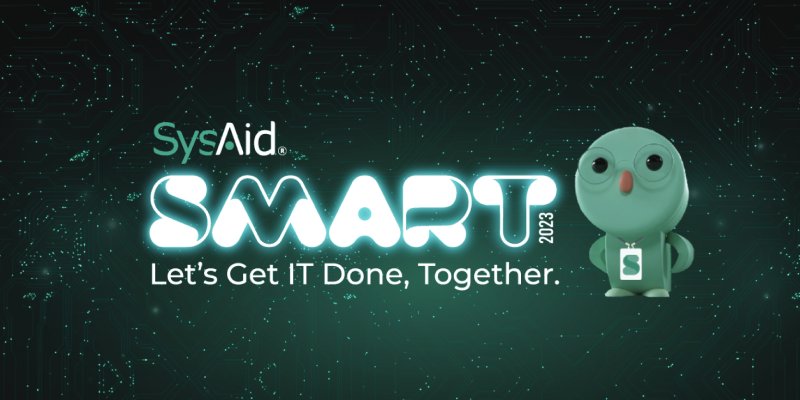 SysAid SMART 2023 logo with slogan "Let's Get IT Done, Together," features a cartoon in SysAid t-shirt over digital circuit. - SysAid