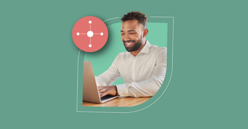 A man smiles while using a laptop, symbolizing continual ITSM improvement, next to a red network icon on green. - SysAid
