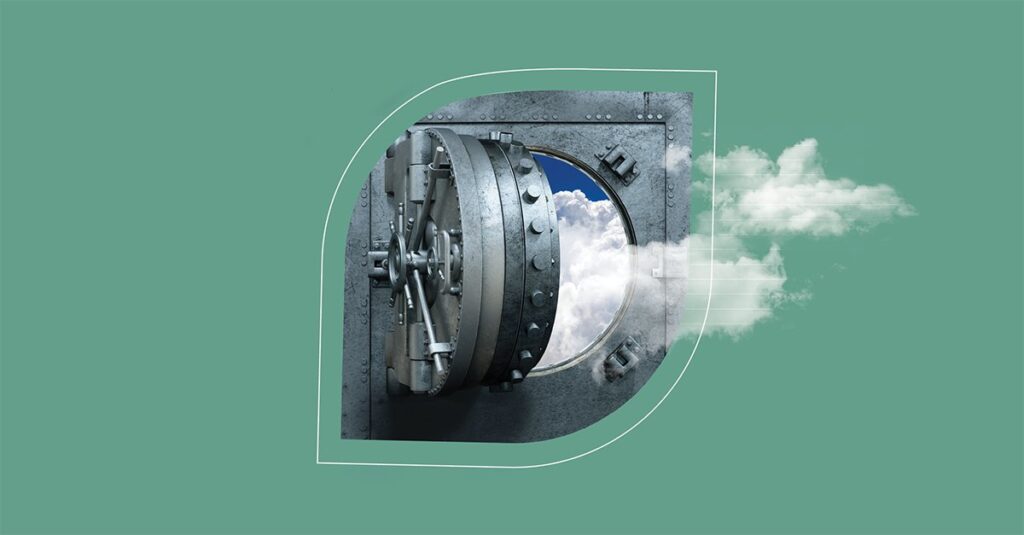 Illustration of a large bank vault door opening with clouds escaping, set against a teal background.