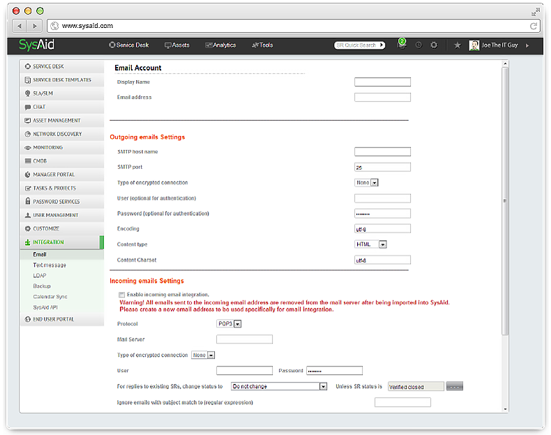 Screenshot of an email account settings page in a software interface, showing fields for server details and protocols with options to enable ssl and set encryption methods.