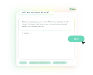 SysAid ITSM interface for adding a new employee via Azure AD, with a cursor selecting the "Test" button. - SysAid