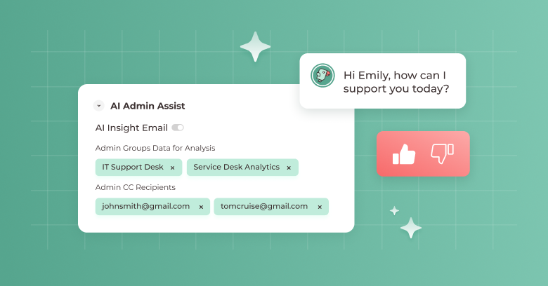 AI Admin Assist interface with GenAI shows email setup, IT Support Desk, and Service Desk insights. Feedback options included. - SysAid