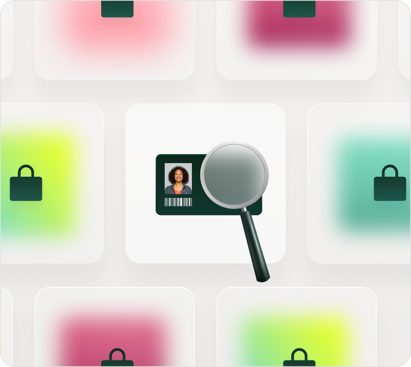 Magnifying glass over an ID card with security icons, highlighting ITSM identity management in SysAid. - SysAid
