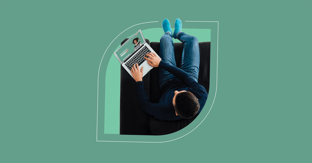 A person in a blue sweater and jeans sitting on a chair using an accelerated IT laptop, viewed from above within a teal, circular frame.