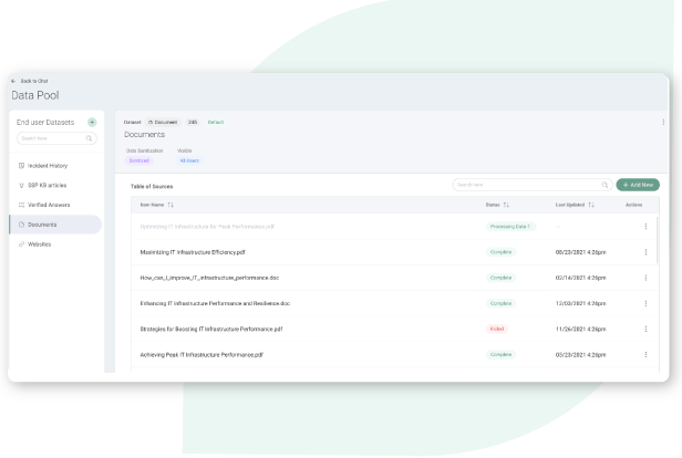 Screenshot of a data input interface on a website, showing a list of uploaded documents with details like name, owner, size, and actions available.