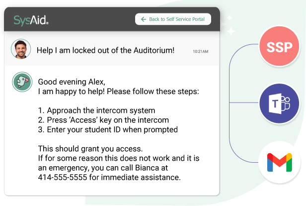 A screenshot of a chat interface in sysaid, where a user named alex seeks help to access the auditorium and receives detailed instructions and a contact number for further assistance.